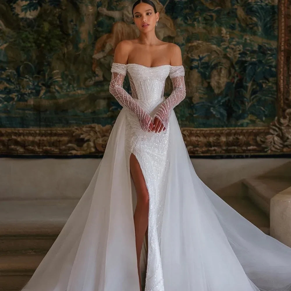Women's Clothing With Trendy Designs Women's Formal Wear Detachable Train Luxury Wedding Dresses Mermaid Sequins Off Shoulder Long Sleeves Bridal Gown Sexy Side Split Vestido De Novia Women's Clothing With Trendy Designs Women's Formal Wear Detachable Train Luxury Wedding Dresses Mermaid Sequins Off Shoulder Long Sleeves Bridal Gown Sexy Side Split Vestido De Novia
