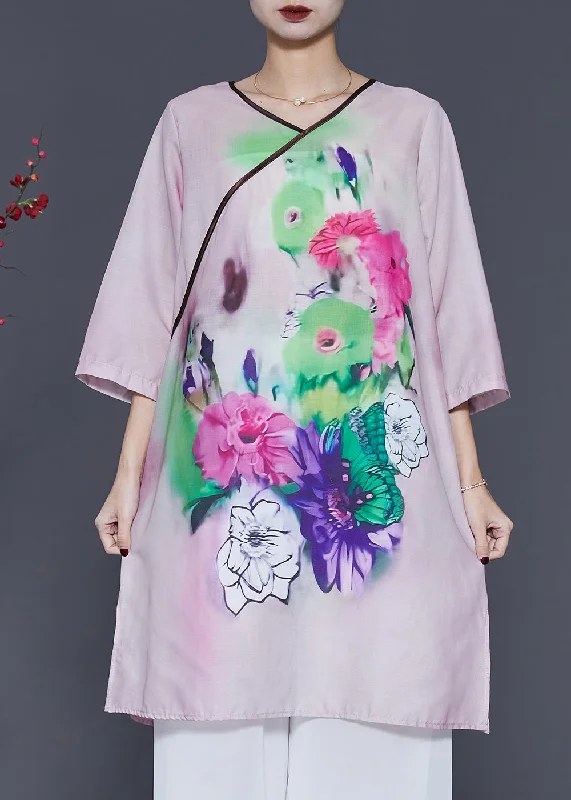 Women's Clothes For Special Occasions Trendsetter's Closet Italian Pink V Neck Print Linen Dresses Bracelet Sleeve