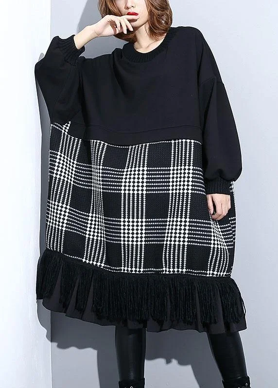 Women's Chic Outerwear Garments Women Clothes Unique black patchwork Cotton Long Shirts tassel A Line fall Dresses