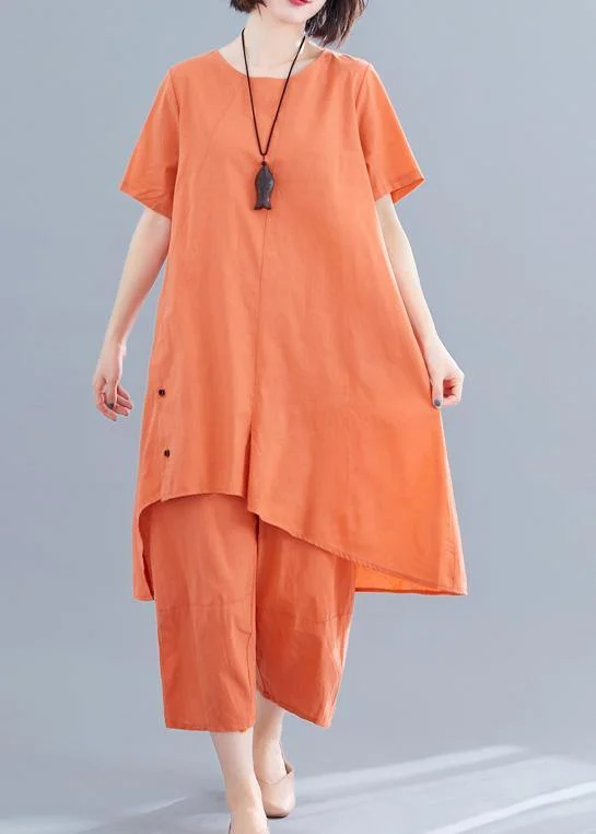 Women's Casual Attire Stylish Women's Apparel Korean version of the loose large size orange women's irregular tops + pants casual cotton and linen