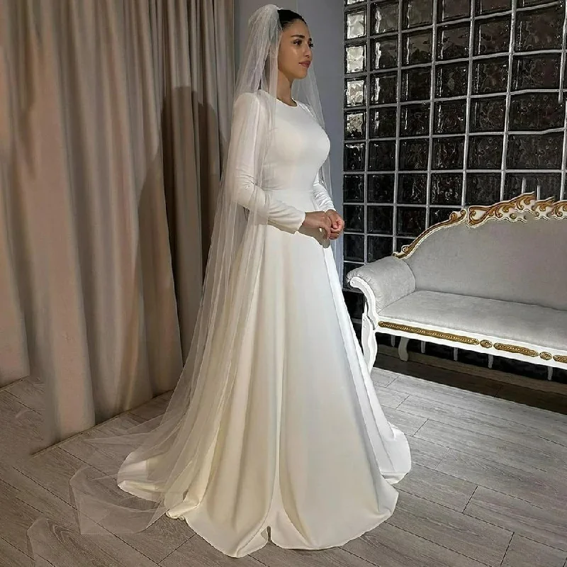 Charming Everyday Clothing For Women Women's Fashion Clothing Ivory Satin Wedding Dresses for Bride Long Sleeve O Neck A Line Dubai Muslim Bride Dress with Train Simple Civil Wedding Gowns Charming Everyday Clothing For Women Women's Fashion Clothing Ivory Satin Wedding Dresses for Bride Long Sleeve O Neck A Line Dubai Muslim Bride Dress with Train Simple Civil Wedding Gowns