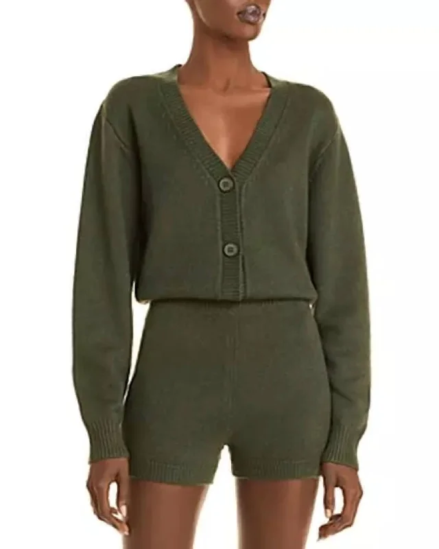 Vintage Clothing For Women Trend Leading Collection Romper Green Long Sleeve Knit Button Up V-Neck In Olive