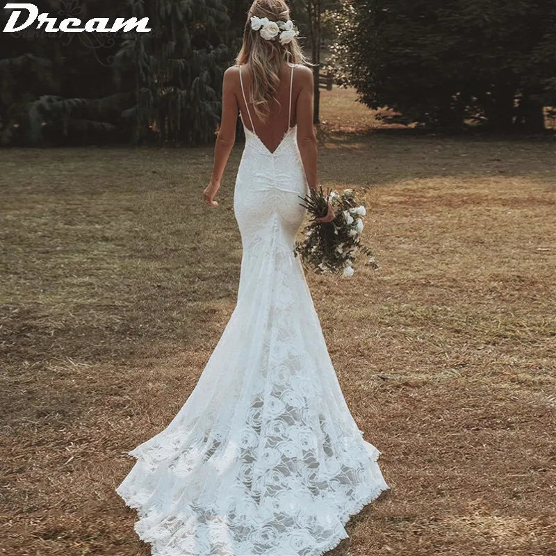 Women's Stylish Professional Apparel Flash Sale Clothing Spaghetti Straps V Neck Mermaid Wedding Dresses Lace Summer Beach Boho Wedding Gowns Elegant Backless Custom Bridal Dress