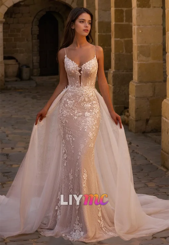 Women's Tops And Clothing End Of Season Sale V-Neck Spaghetti Straps Appliques Mermaid Elegant Wedding Dress