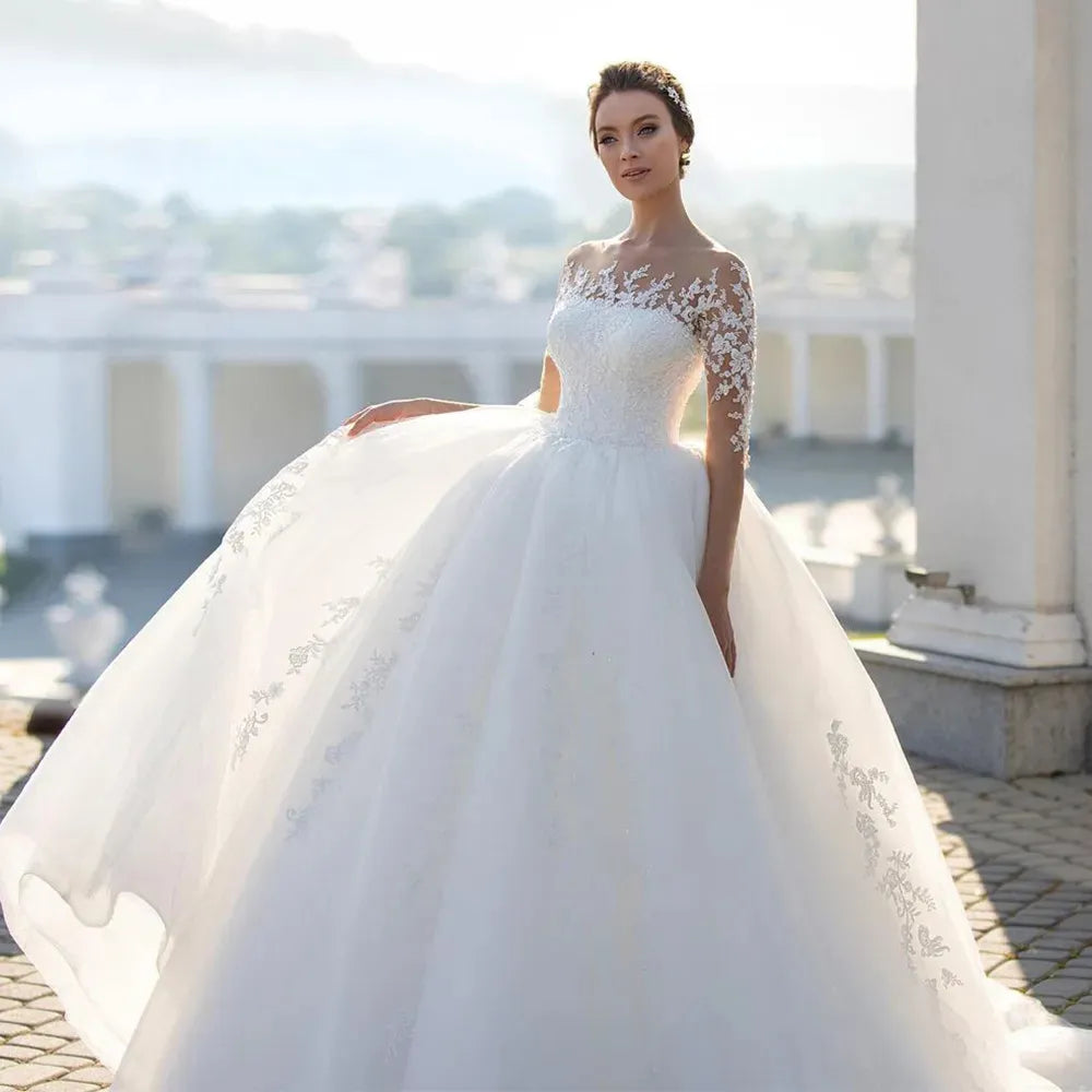 Women's Evening Clothes Holiday Discount Sexy Elegant Fluffy Wedding Dresses Bridal Gown Round Neck Long Sleeves Vestidos De Novia Beautiful Bridal Dresses Lace Applique