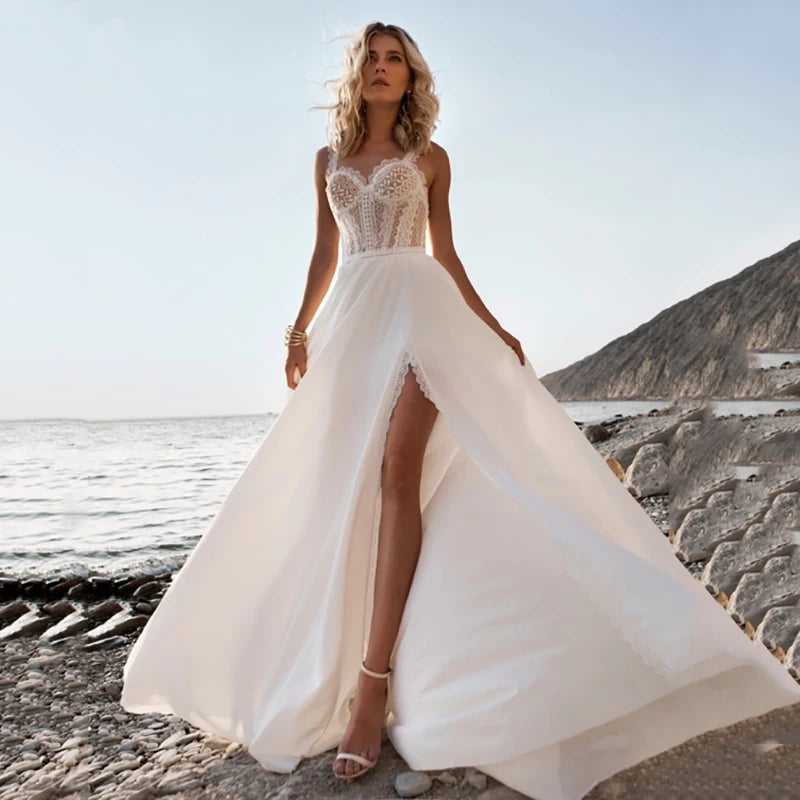 Women's Effortless Casual Outfit Casual Chic Boho Chiffon Wedding Dress Straps Sweetheart Necklace Bride Dress Boho Wedding Gown