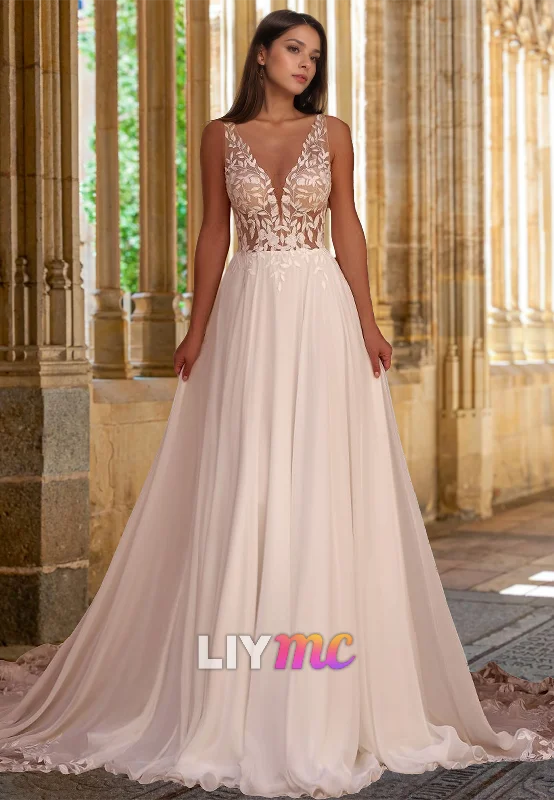 Women's Activewear Apparel Women's Clothing Brands V-Neck Sleeveless Backless Appliques A-Line Beach Wedding Dress