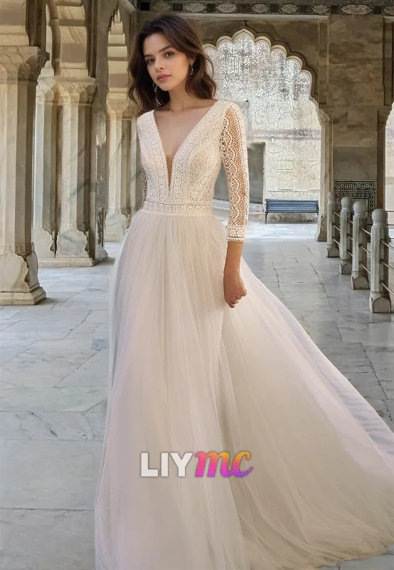 Casual Apparel For Women You'Ll Love Us Because V-Neck Long Sleeves Lace Appliques Tulle A-Line Boho Wedding Dress