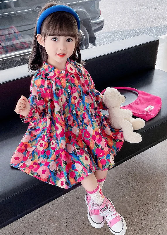 Women's Comfortable Apparel Trendy Aesthetics Lovely Rainbow Peter Pan Collar Print Kids Mid Dress Fall