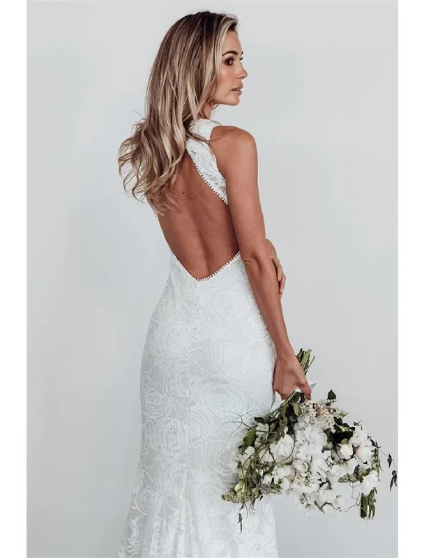 Women's Elegant Clothes Chic Women's Clothing Beach Open Back Boho Wedding Dresses Chapel Train Mermaid / Trumpet Sleeveless Halter Lace With Appliques Solid Color Women's Elegant Clothes Chic Women's Clothing Beach Open Back Boho Wedding Dresses Chapel Train Mermaid / Trumpet Sleeveless Halter Lace With Appliques Solid Color