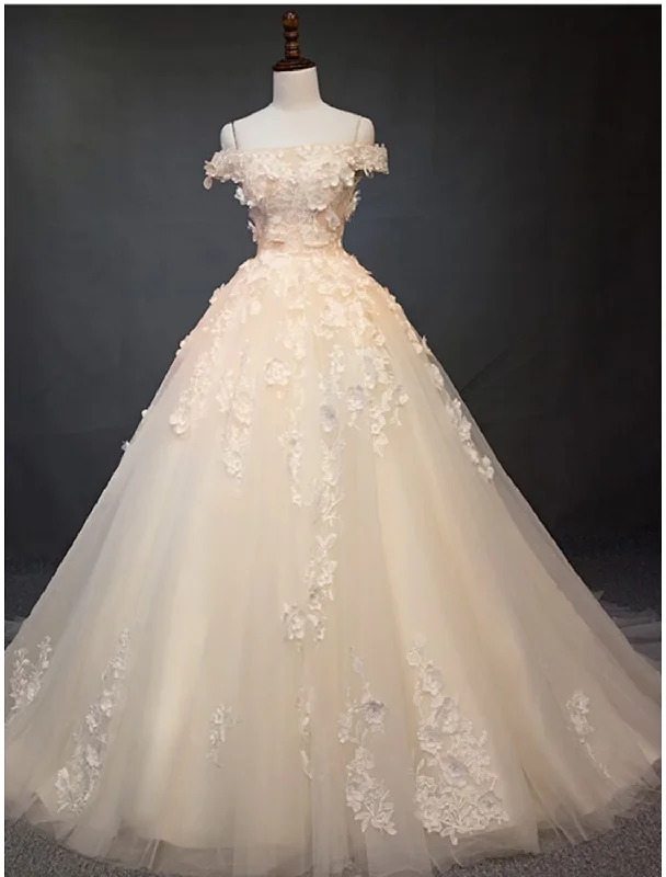 Women's Resort Attire Casual Wear Engagement Vintage Formal Wedding Dresses Chapel Train Ball Gown Cap Sleeve Off Shoulder Tulle With Pearls Appliques