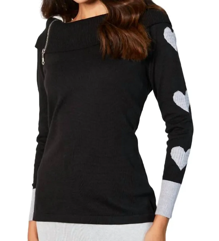Women's Everyday Apparel Bid Farewell To The Old Season Zip Ribbed Cowl Neck With Heart Detail In Black/slate