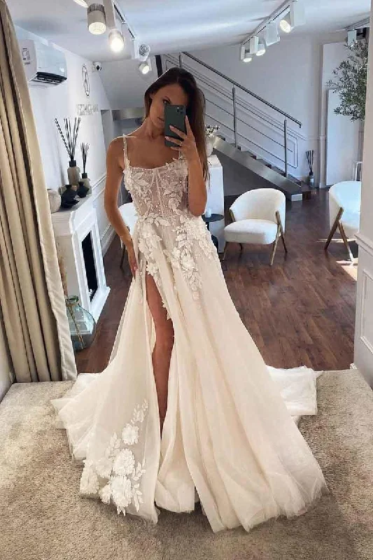 Formal Attire For Women High End Fashion Sexy 3D Lace Wedding Dresses A Line Spaghetti Straps Square Neck Bride Dress Elegant Appliqued Lace Wedding Gowns
