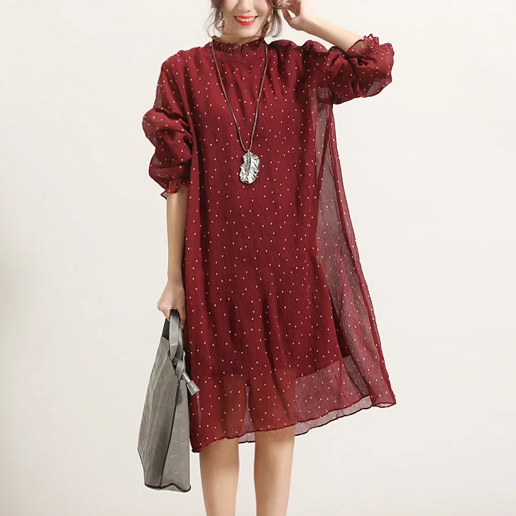 Women's Trendy Activewear Apparel Discount Price trendy burgundy dotted summer dress Stand long sleeve bridesmaid dress Cinched tulle dress