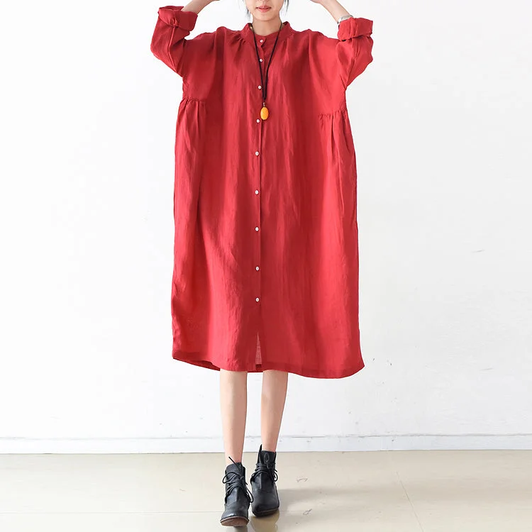 Women's Outerwear Garments End of Season Sale 2024 fall red linen dresses plus size casual shirt dress oversize linen clothing