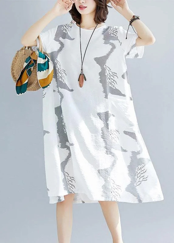 Women's Comfortable Lounge Attire City Fashion Chic o neck cotton quilting clothes Outfits white prints A Line Dress summer