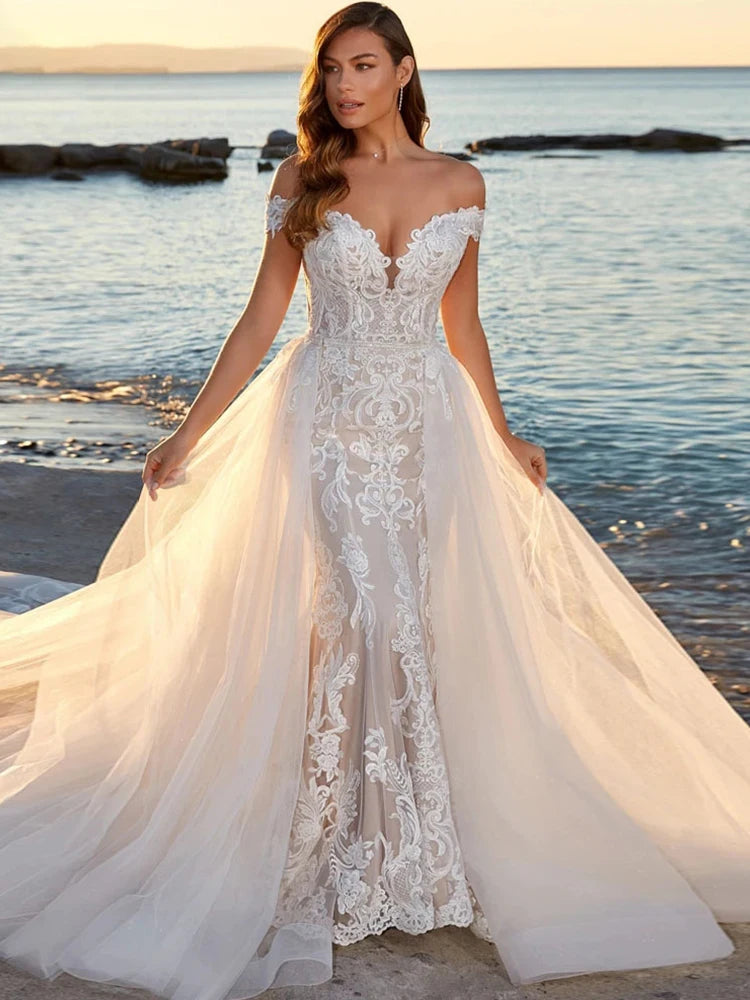 Plus-Size Women's Clothing Durable Fashion Picks Luxury Detachable 2 In 1 Wedding Mermaid Dress Embroidered Lace On Net With Square Collar Sleeveless Bride Gowns Vestido De Novi