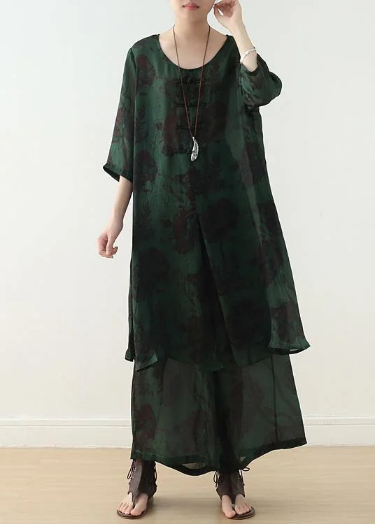 Women's Contemporary Clothing Trendy Styles casual silk green prints Chinese Button dresses with elastic waist wide leg pants
