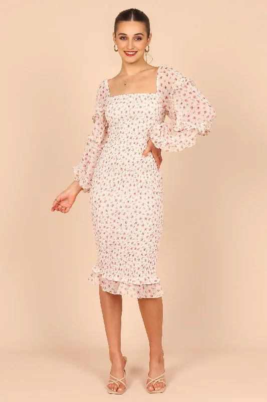 Women's Casual Wear Clothes Casual Yet Stylish Separates Bonita Shirred Frill Long Sleeve Bodycon Midi Dress - Cream Floral