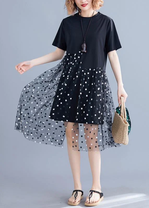 Stylish Clothes For Women Dive Into Trendy Styles Handmade o neck patchwork tulle Cotton black Dress summer