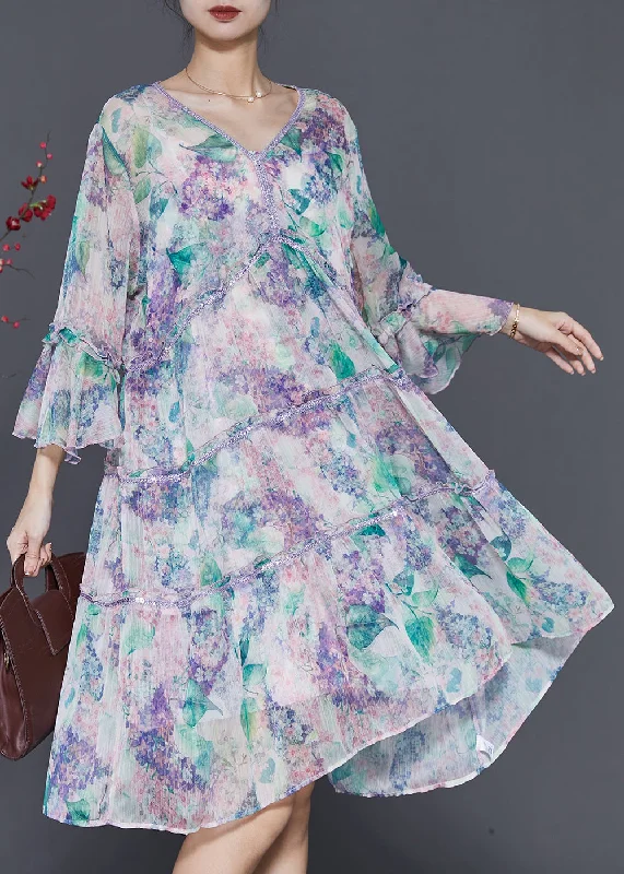 Women's Comfortable Lounge Garments Clothes Of Woman Natural Light Purple V Neck Print Chiffon Dresses Summer