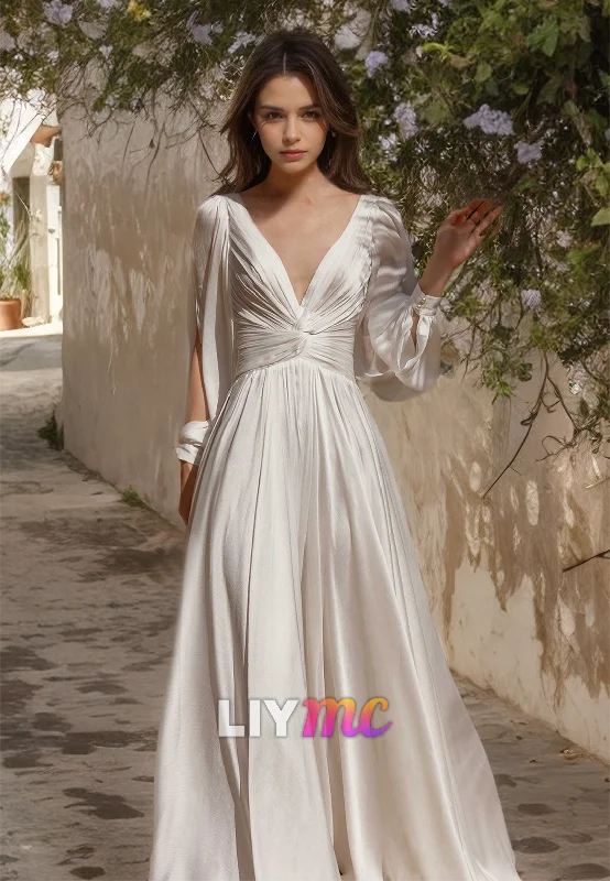Women's Cozy Clothes Trend Forward Threads For Her V-Neck Long Sleeves Chiffon Pleated A-Line Beach Wedding Dress