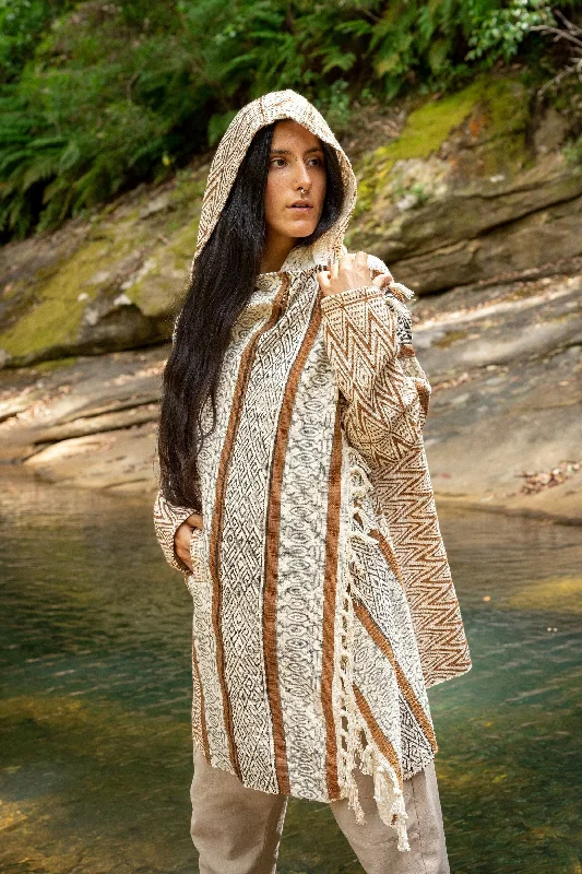 Affordable Women's Clothing Fashionable Tops for Women JAPOMONO Hooded Poncho Jacket Kimono Hybrid Large Hood and Pockets Handmade Naturally Dyed Block Printed Tribal Pattern Festival AJJAYA