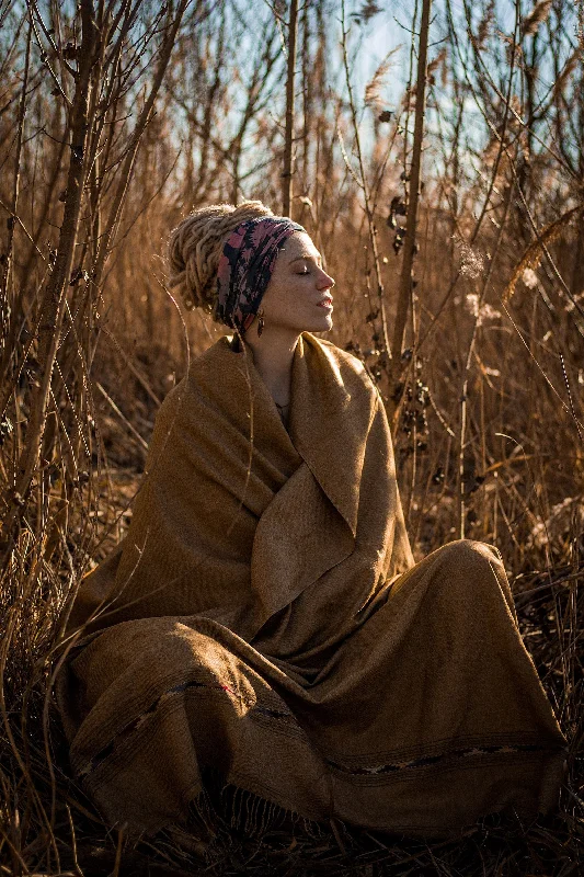 Women's Trendy Garments Summer Sale TATHAGATHA Brown Oversized Meditation Shawl Handwoven Pure Cashmere Wool Embroidered Blanket Handmade Winter Zen Wrap Himalayan AJJAYA