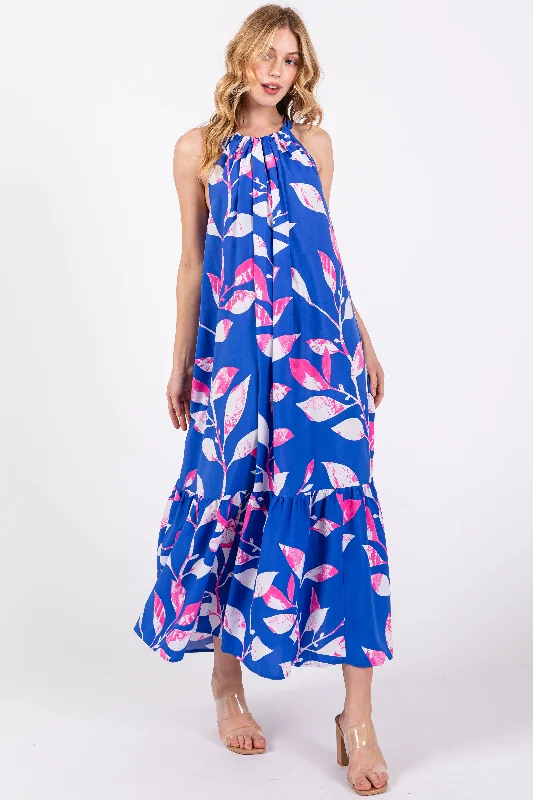 Women's Seasonal Clothes Chic Women's Clothing for Work and Travel Blue Halter Leaf Print Midi Dress