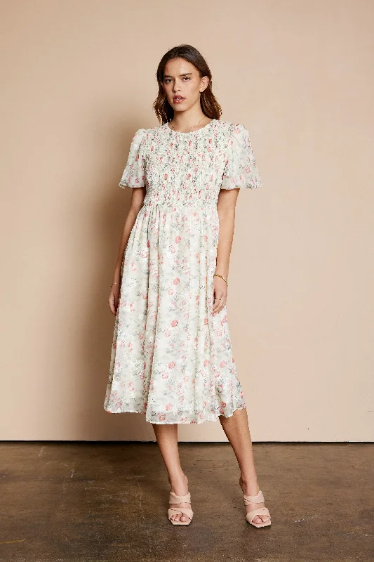 Women's Everyday Clothes Modern Women's Wardrobe Essentials Cream Floral Smocked Puff Sleeve Midi Dress