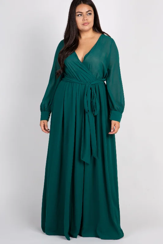 Women's Clothing Sets Unleash Your Fashion Green Chiffon Long Sleeve Pleated Plus Maxi Dress