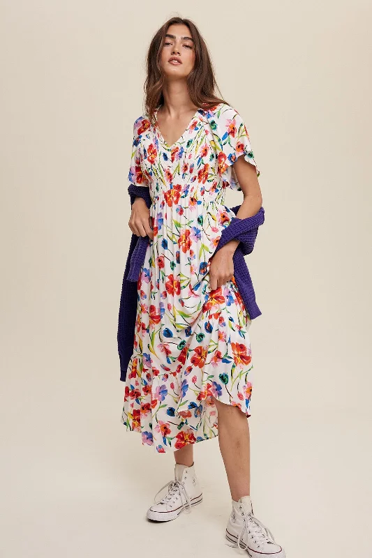 Women's High-Fashion Apparel Sale Clearance Ivory Floral Flutter Sleeve Smocked Midi Dress