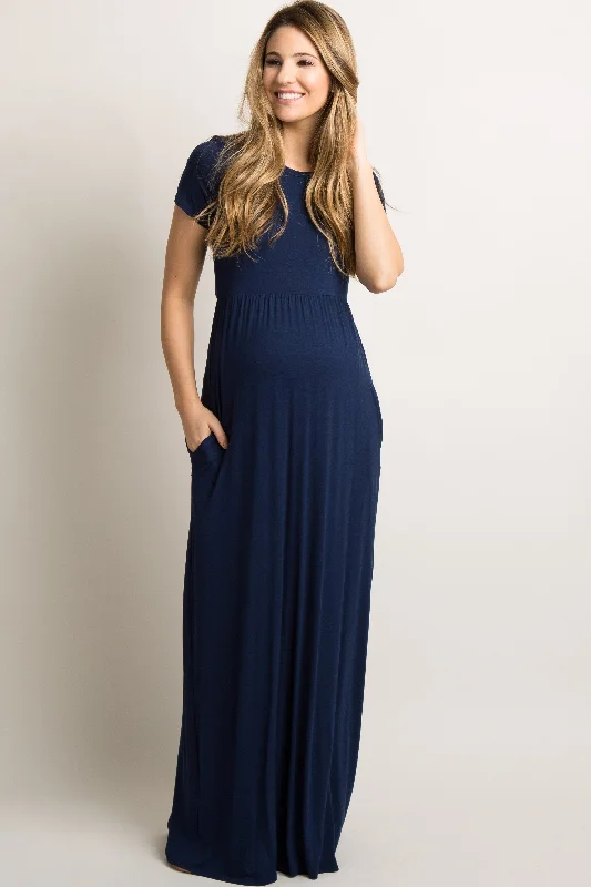 Women's Elegant Evening Attire Eclectic Fashion Navy Blue Solid Side Pocket Maternity Maxi Dress