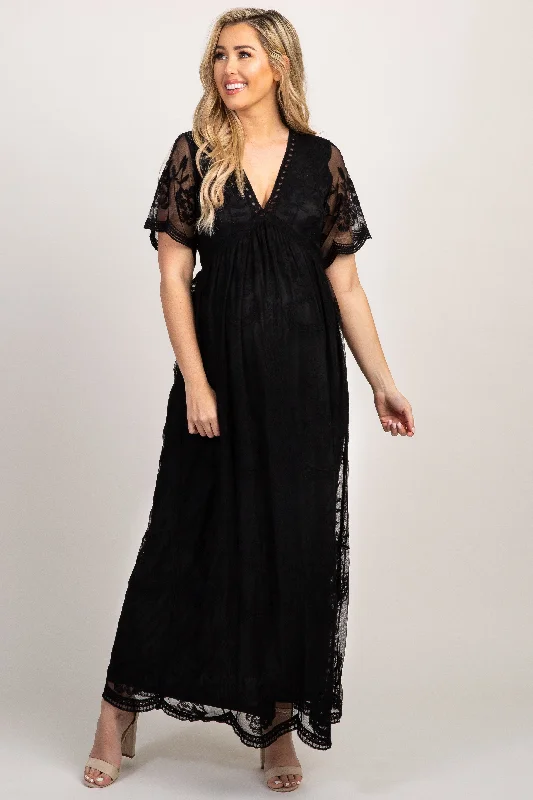 Women's Night-Out Outfit Elegant Clothing PinkBlush Black Lace Mesh Overlay Maternity Maxi Dress