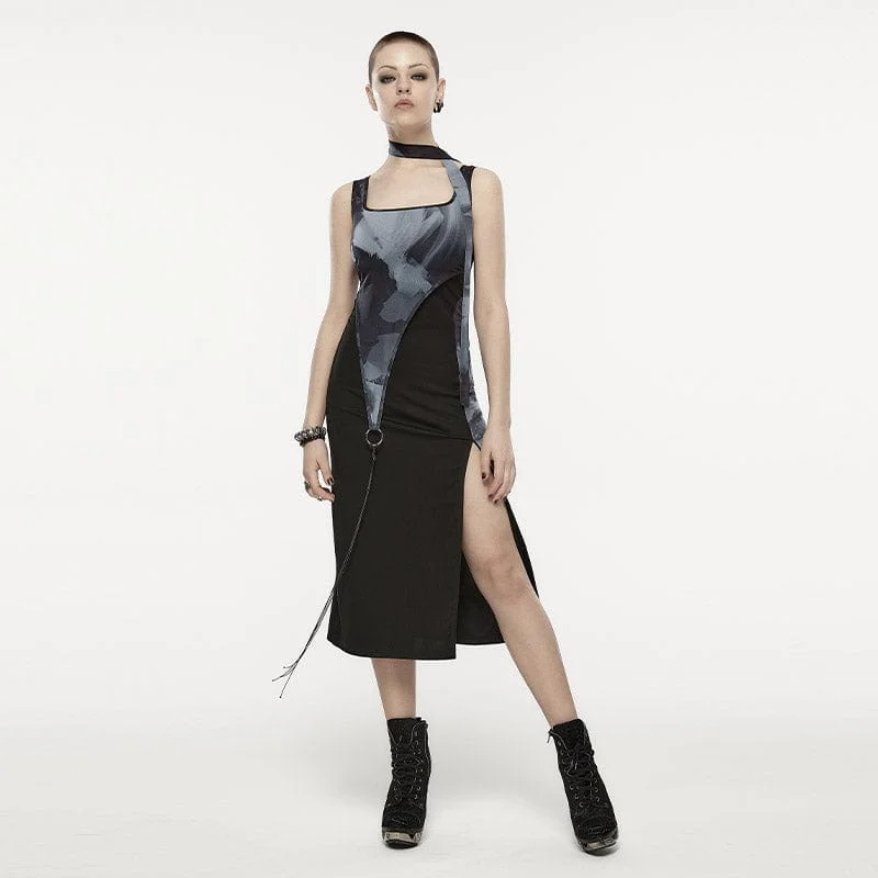 Women's Luxury Attire Premium Fabrics Women's Grunge Ink Printed Split Slip Dress with Neckwear