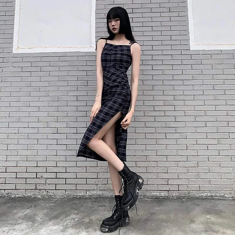 Charming Women's Garments Women Online Clothing Boutiques Women's Grunge Plaid Slip Dress with Side Slit