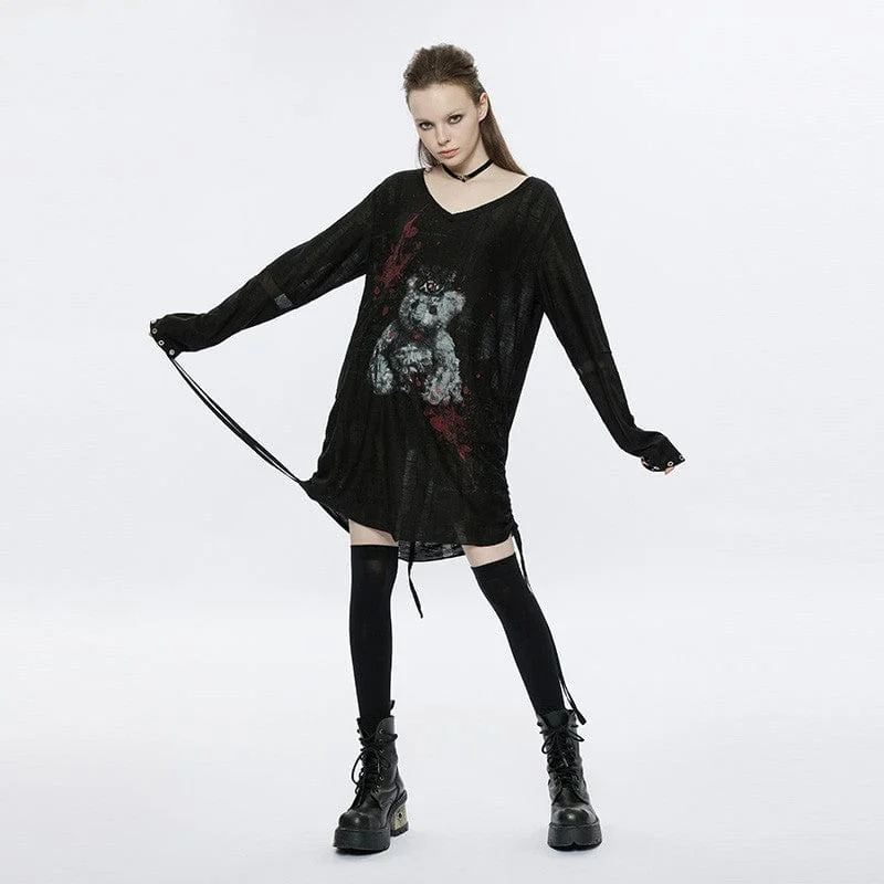 Fashionable Women's Clothing Casual Fashion for Women Women's Grunge V-neck Bear Printed Loose Shirt Dress