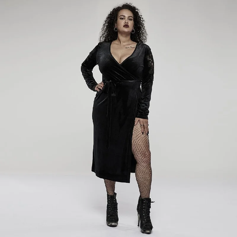 Women's Formal Event Clothing Everyday Women's Fashion Trends Women's Plus Size Gothic V-neck Side Slit Long Sleeved Velet Dress